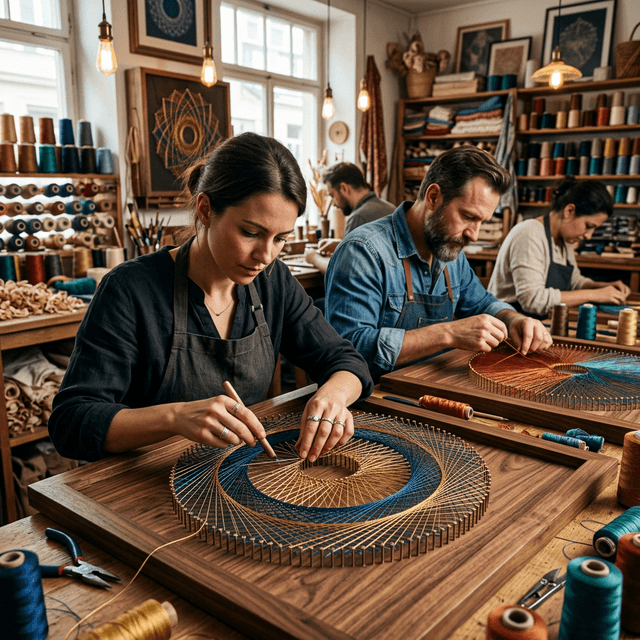 Artisans working together on large string art frames